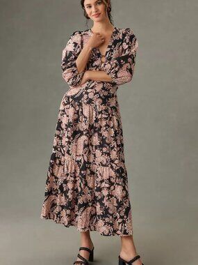 Anthropologie Kivari Floral Paisley Puff Sleeve Maxi Dress Size M